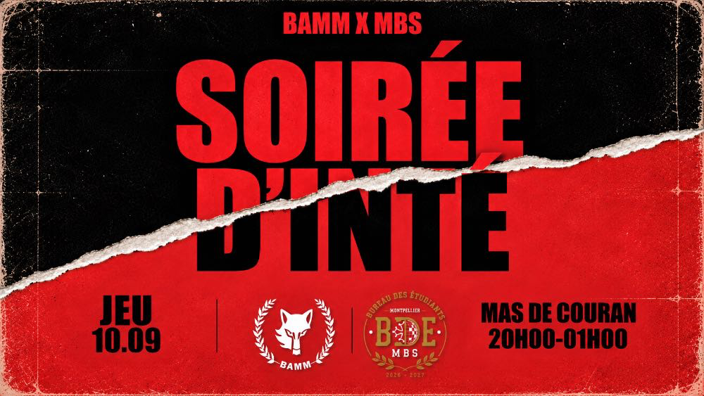 Affiche Soirée d'inté BAMM x MBS – jeudi 10 septembre au Mas de Couran
